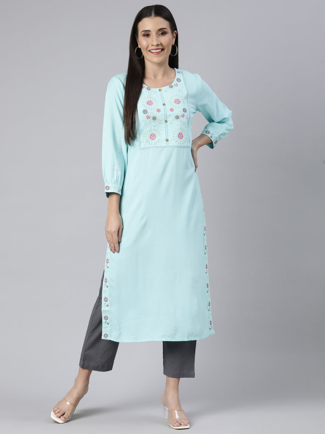 Neerus Blue Regular Straight Solid Kurtas