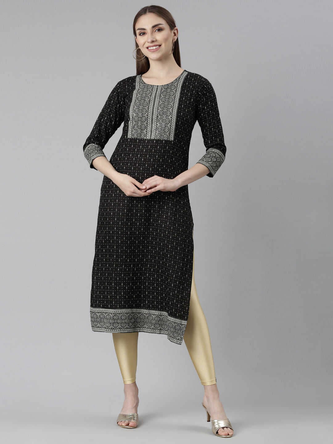 Neeru's Black Regular Straight Bandhani Kurtas