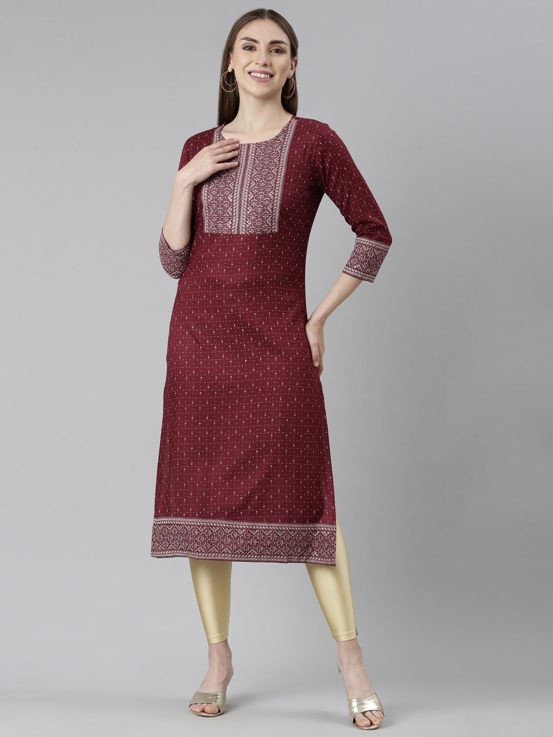 Neeru's Maroon Regular Straight Bandhani Kurtas