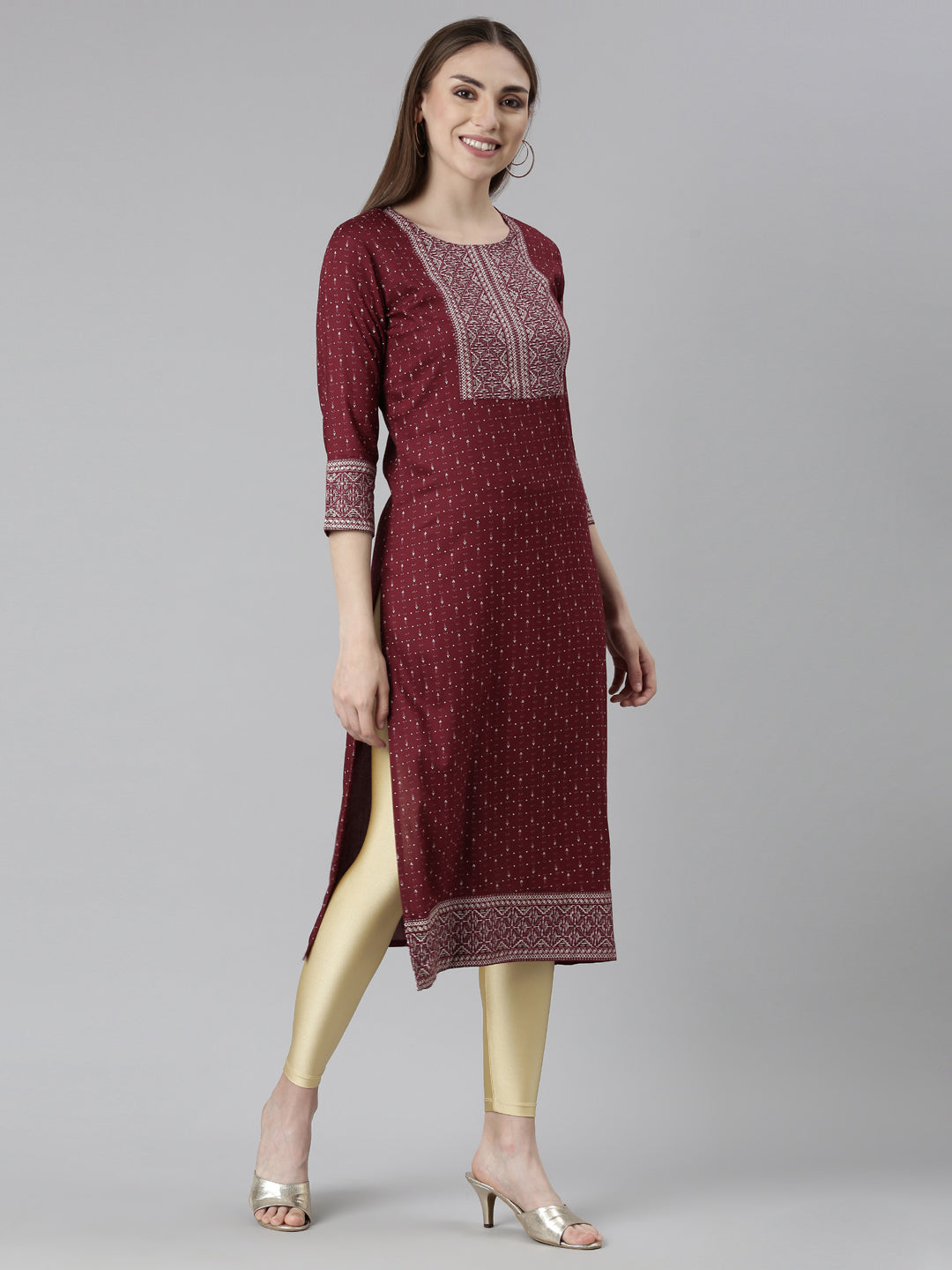 Neeru's Maroon Regular Straight Bandhani Kurtas