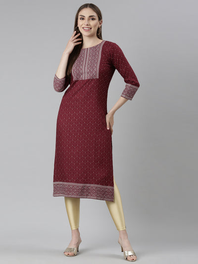 Neeru's Maroon Regular Straight Bandhani Kurtas