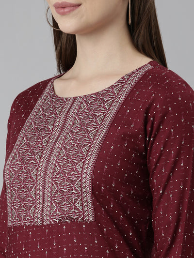 Neeru's Maroon Regular Straight Bandhani Kurtas