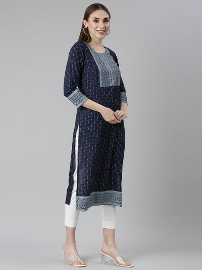 Neeru's Navy Blue Regular Straight Bandhani Kurtas