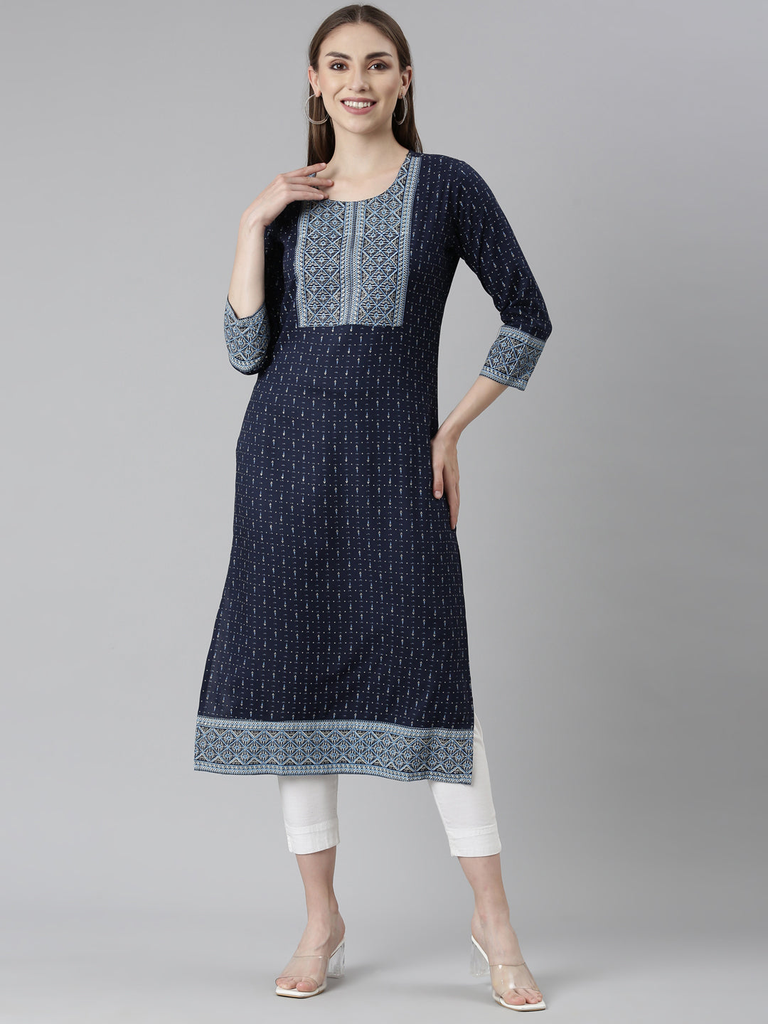 Neeru's Navy Blue Regular Straight Bandhani Kurtas