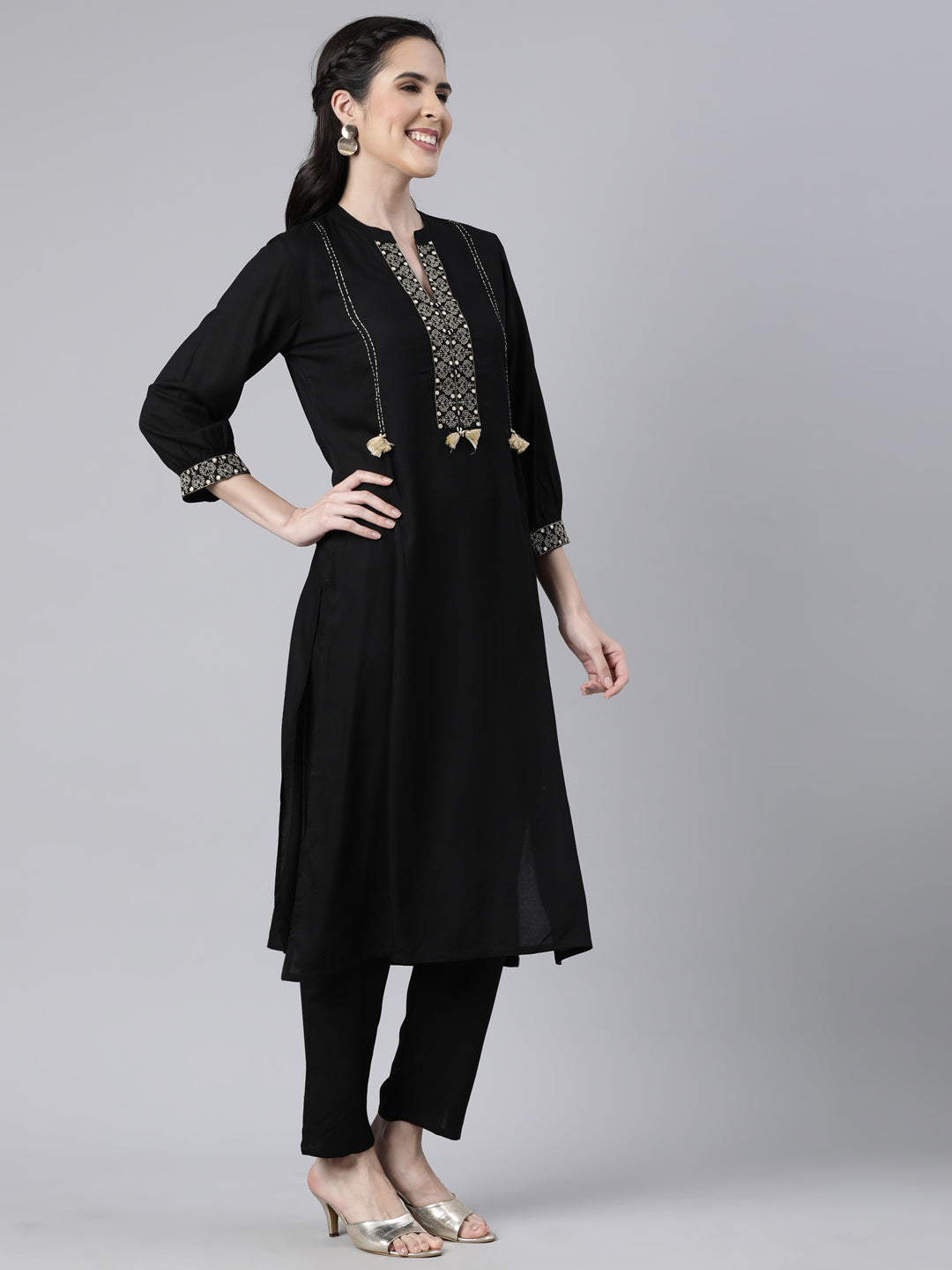 Neerus Black Regular Straight Solid Kurta And  Trousers