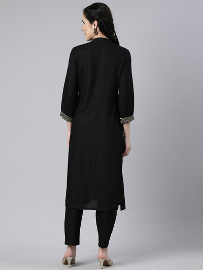 Neerus Black Regular Straight Solid Kurta And  Trousers