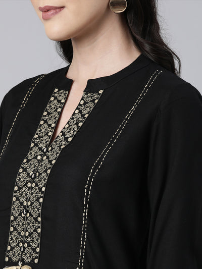 Neerus Black Regular Straight Solid Kurta And  Trousers