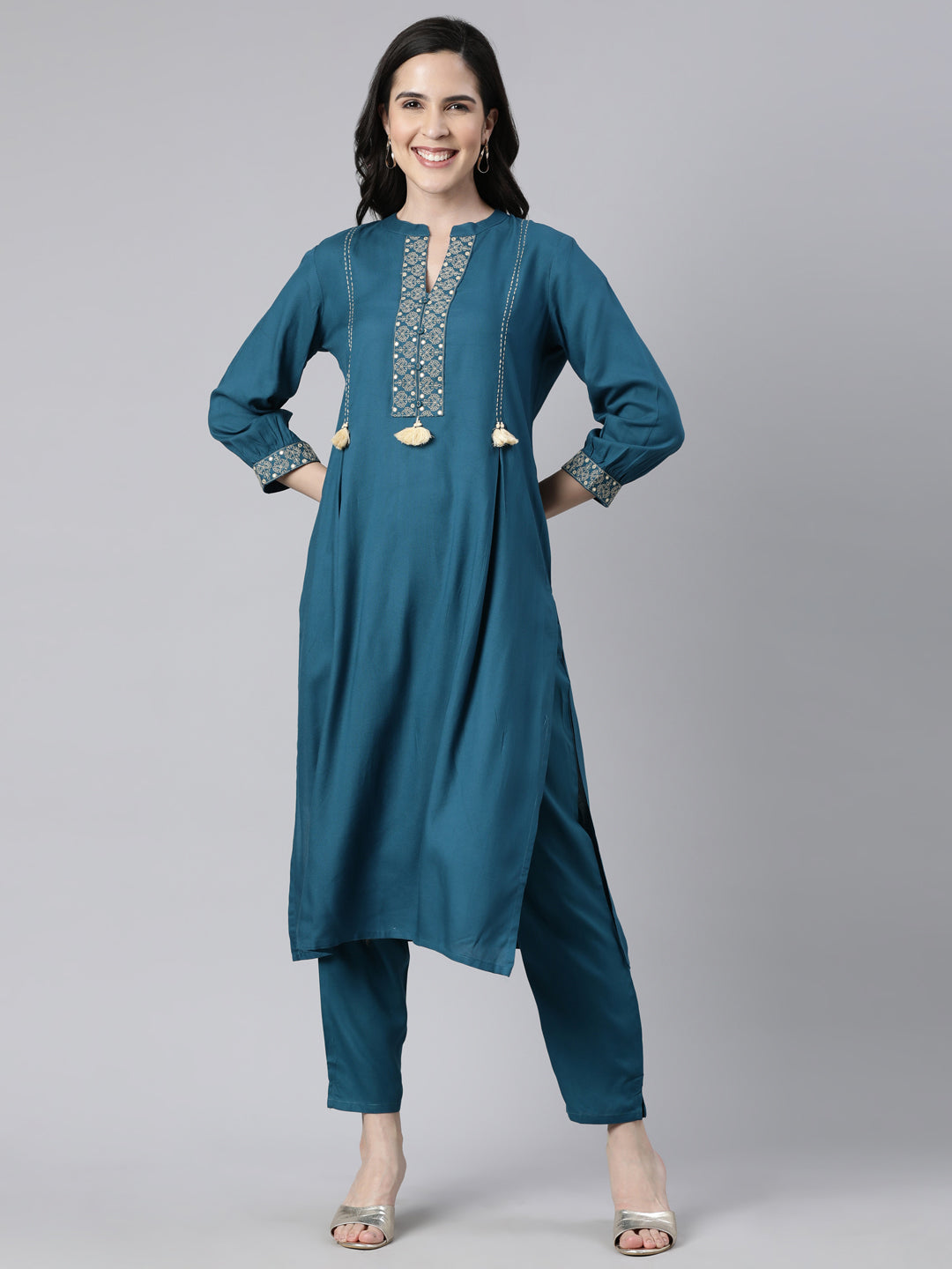 Neerus Blue Regular Straight Solid Kurta And  Trousers