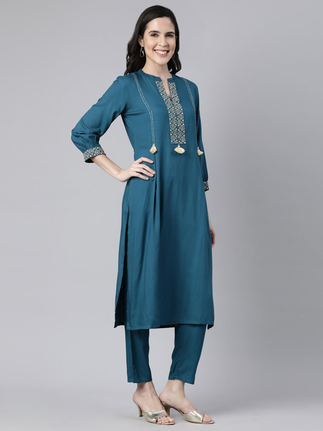 Neerus Blue Regular Straight Solid Kurta And  Trousers