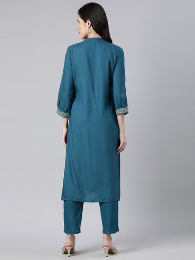 Neerus Blue Regular Straight Solid Kurta And  Trousers