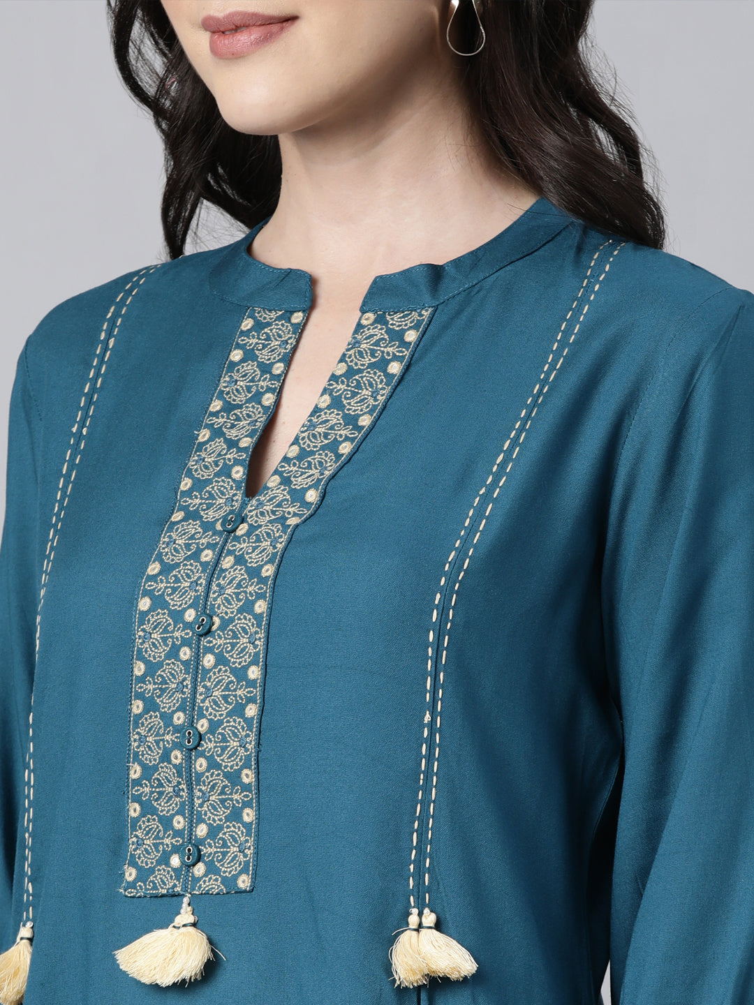 Neerus Blue Regular Straight Solid Kurta And  Trousers