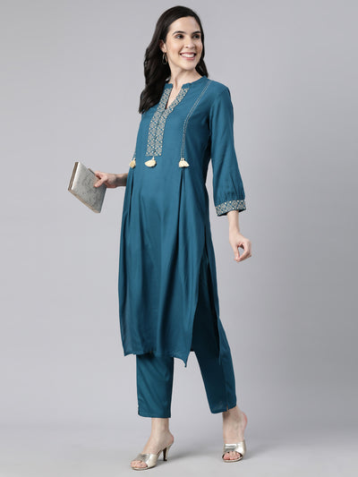 Neerus Blue Regular Straight Solid Kurta And  Trousers