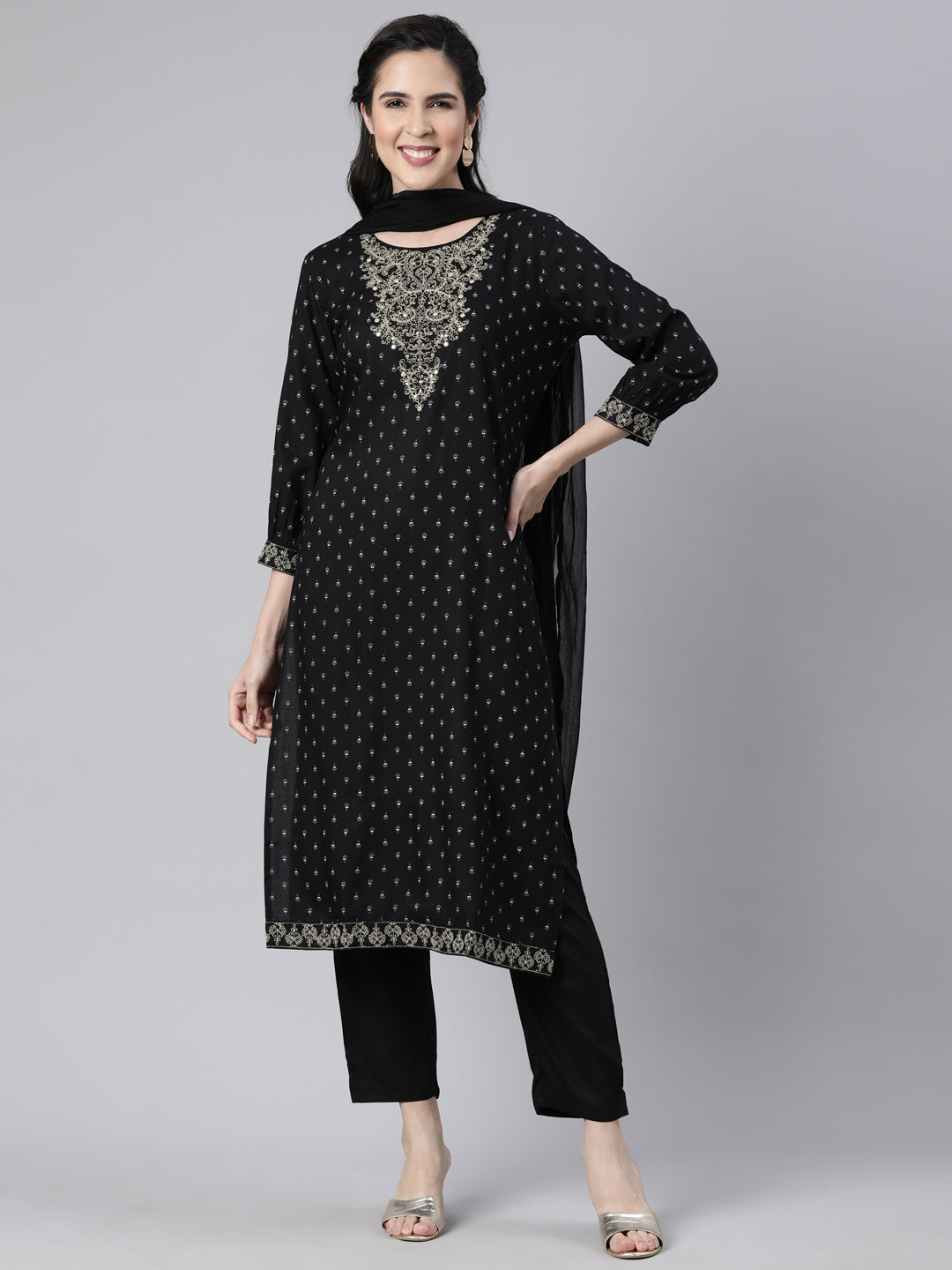 Neerus Black Regular Straight Floral Kurta And  Trousers With Dupatta