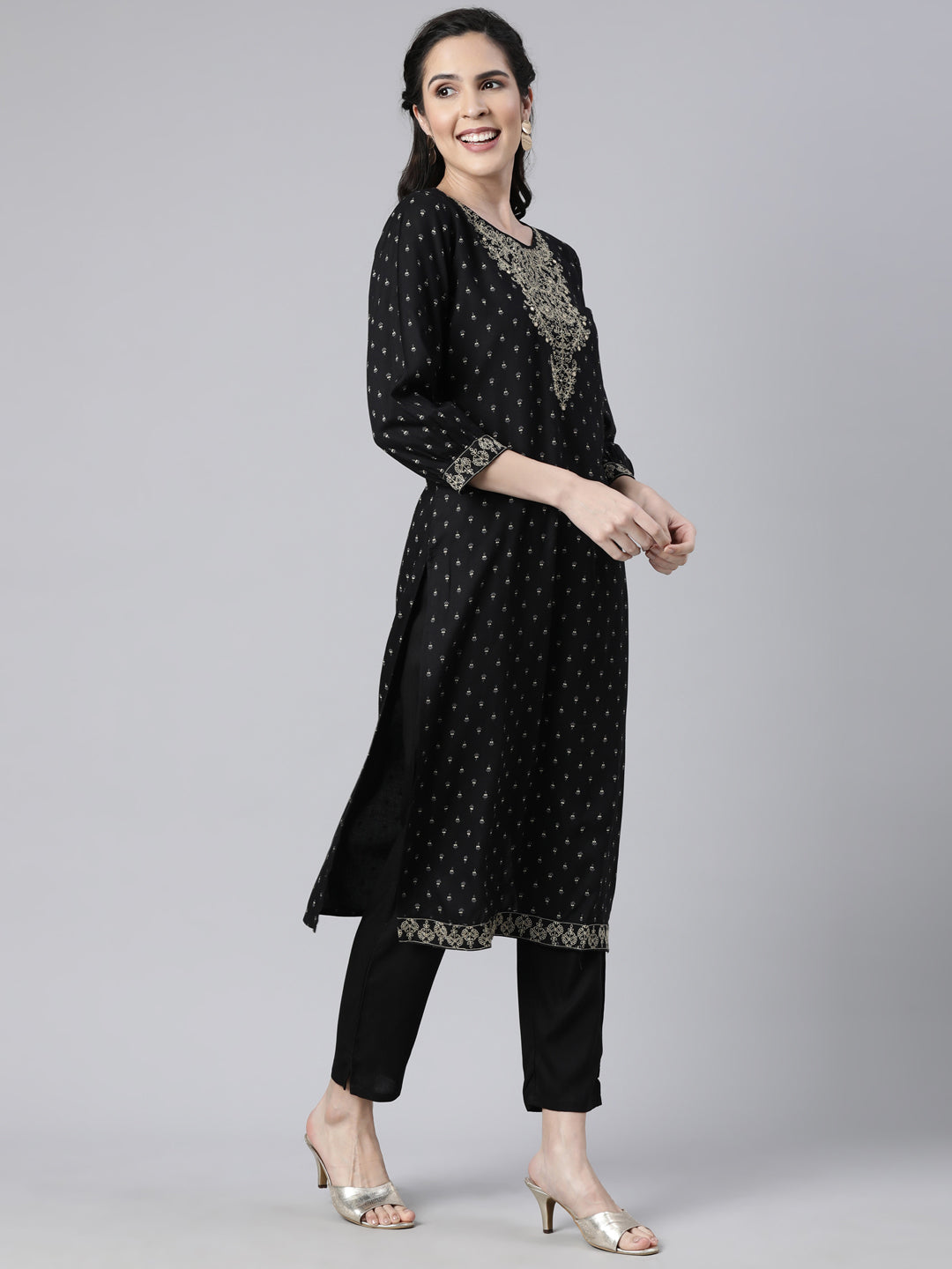 Neerus Black Regular Straight Floral Kurta And  Trousers With Dupatta