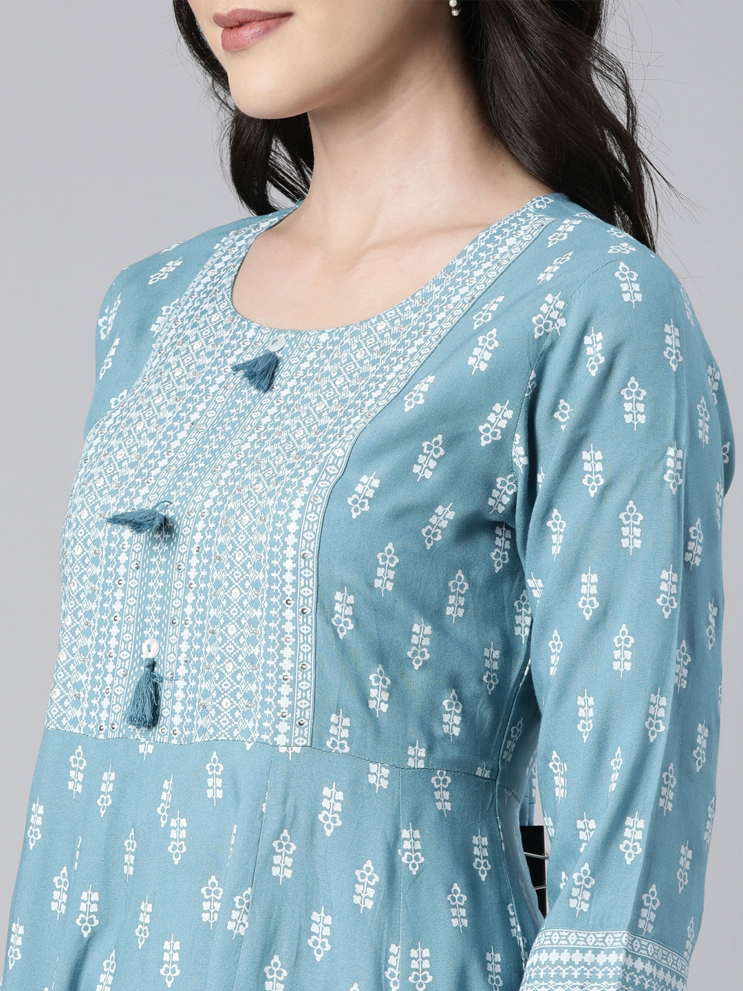 Neerus Blue Regular Anarkali Floral Kurtas