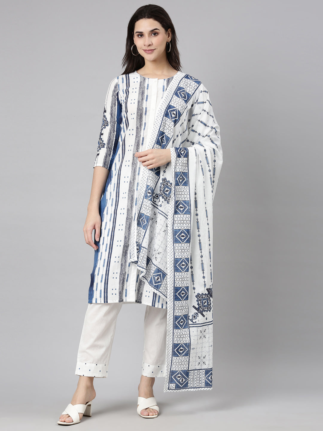 Neerus Blue Regular Straight Textured Kurta And  Trousers With Dupatta