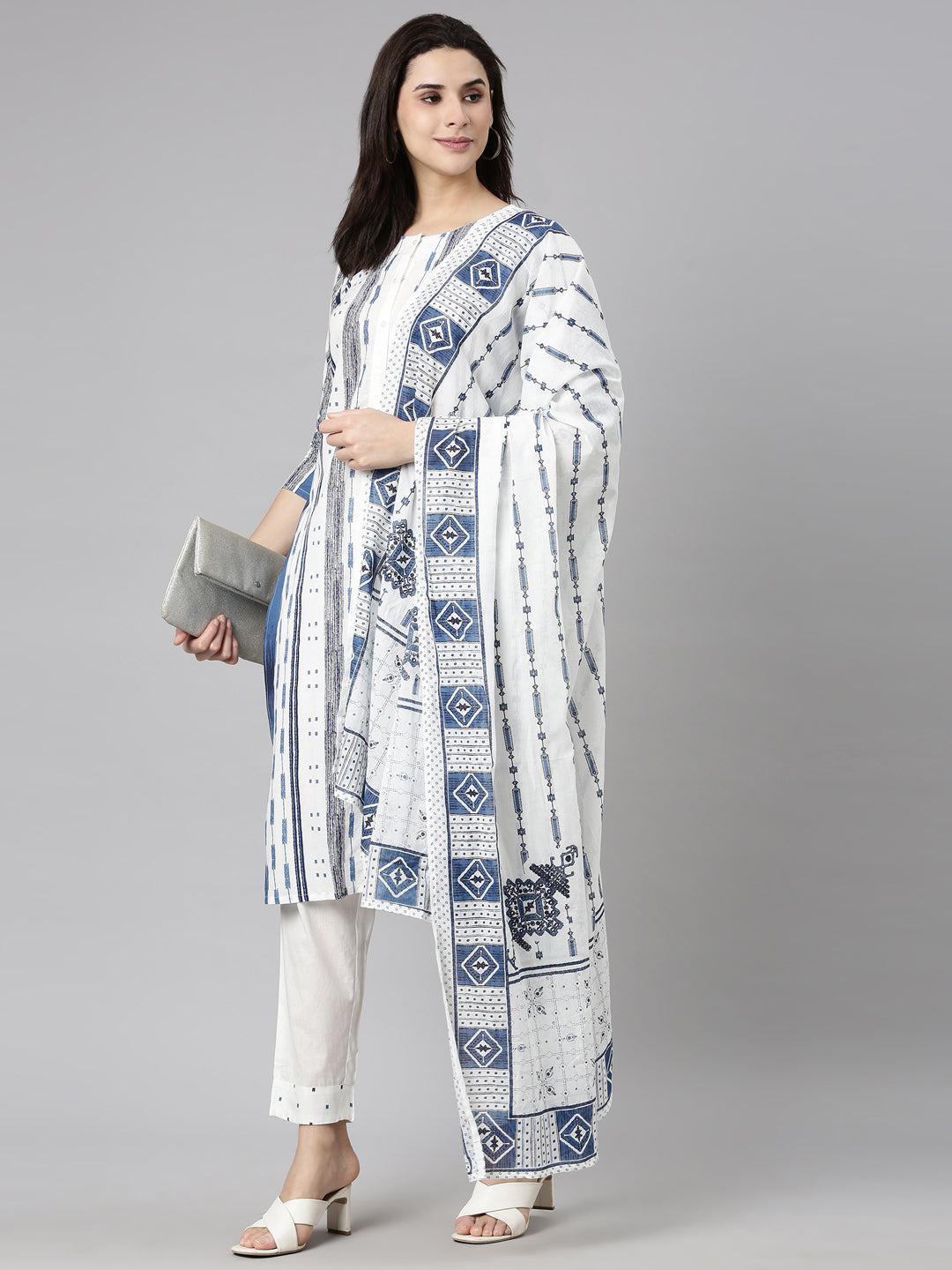 Neerus Blue Regular Straight Textured Kurta And  Trousers With Dupatta