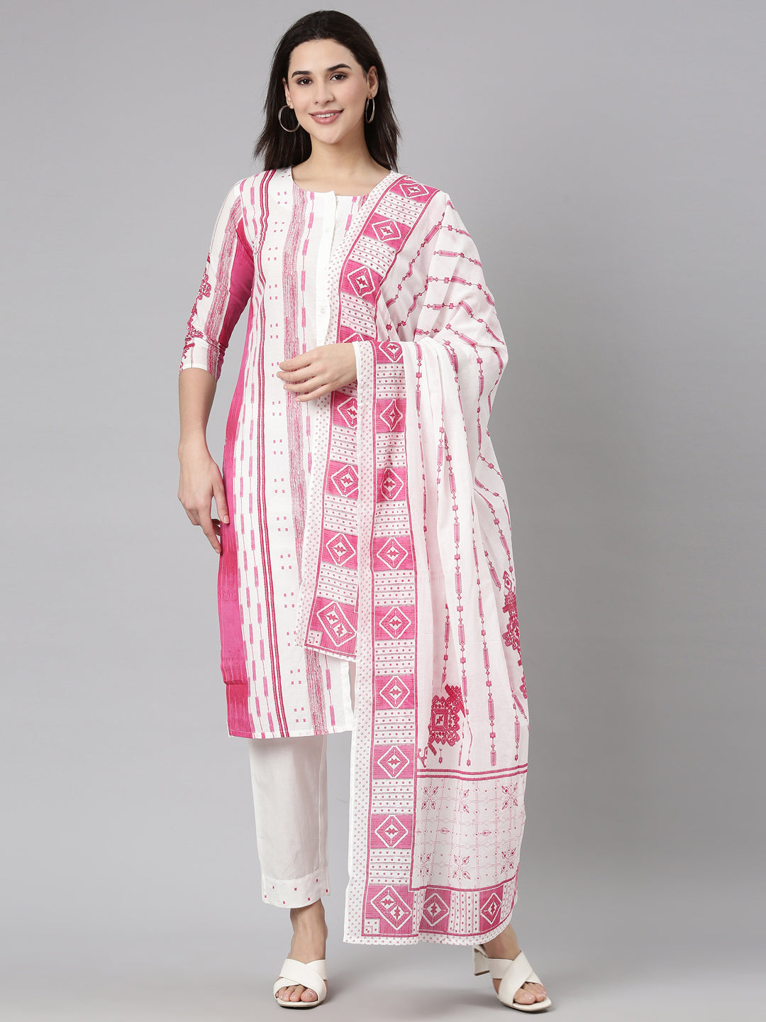 Neerus Pink Regular Straight Textured Kurta And  Trousers With Dupatta