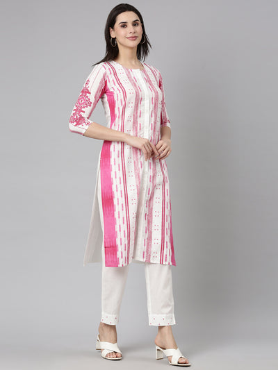 Neerus Pink Regular Straight Textured Kurta And  Trousers With Dupatta