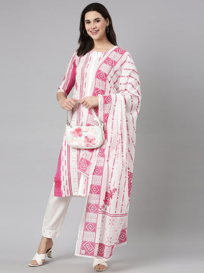 Neerus Pink Regular Straight Textured Kurta And  Trousers With Dupatta