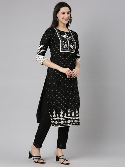 Neerus Black Regular Straight Floral Kurta And  Trousers With Dupatta