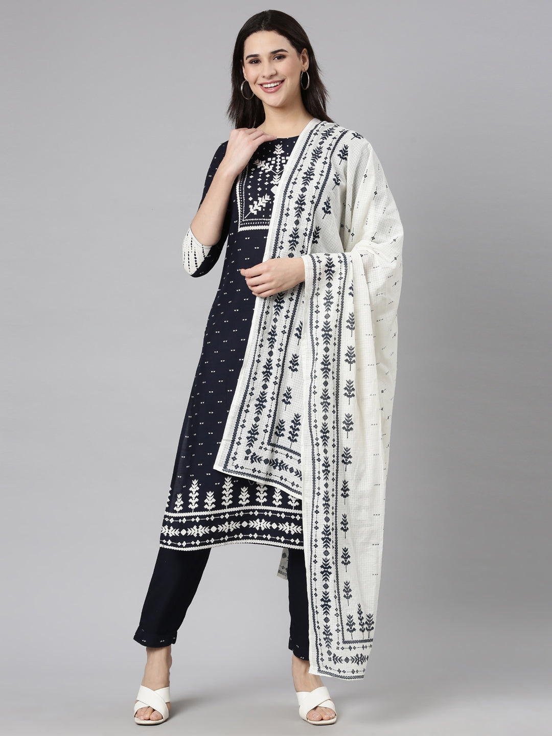 Neerus Navy Blue Regular Straight Floral Kurta And  Trousers With Dupatta