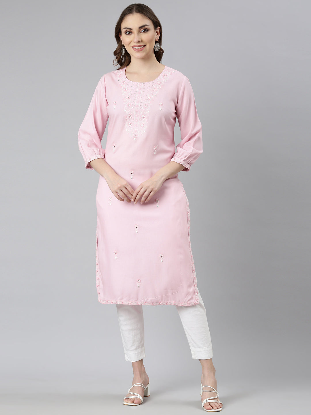 Neerus Pink Regular Straight Floral Kurtas