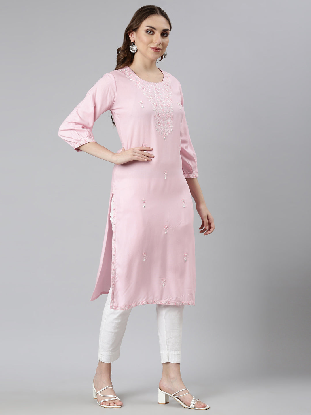 Neerus Pink Regular Straight Floral Kurtas