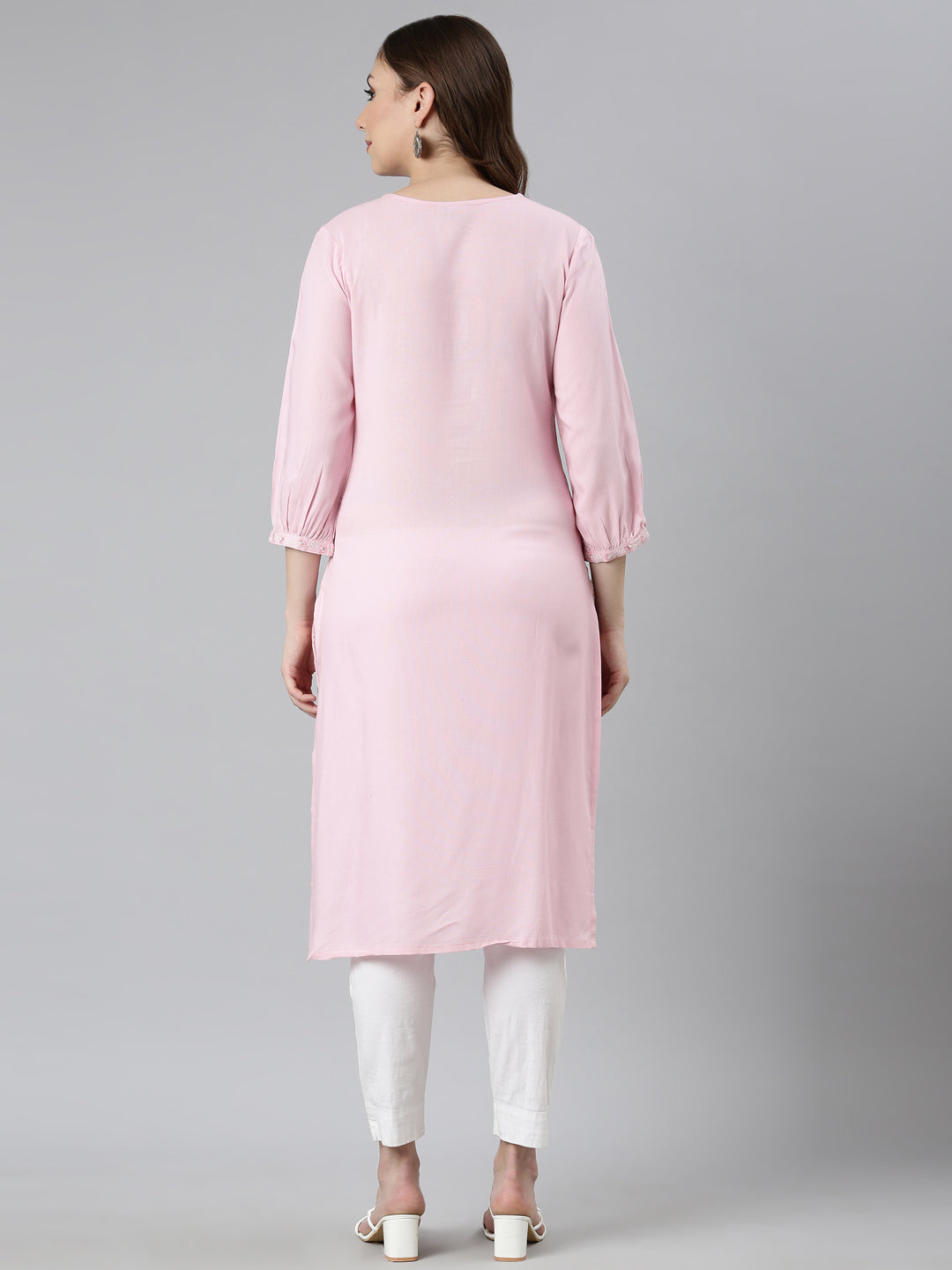 Neerus Pink Regular Straight Floral Kurtas