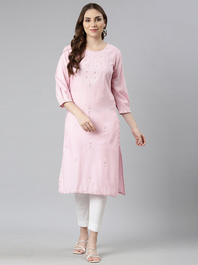 Neerus Pink Regular Straight Floral Kurtas