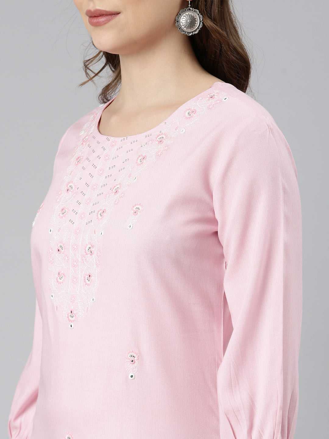 Neerus Pink Regular Straight Floral Kurtas