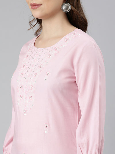 Neerus Pink Regular Straight Floral Kurtas