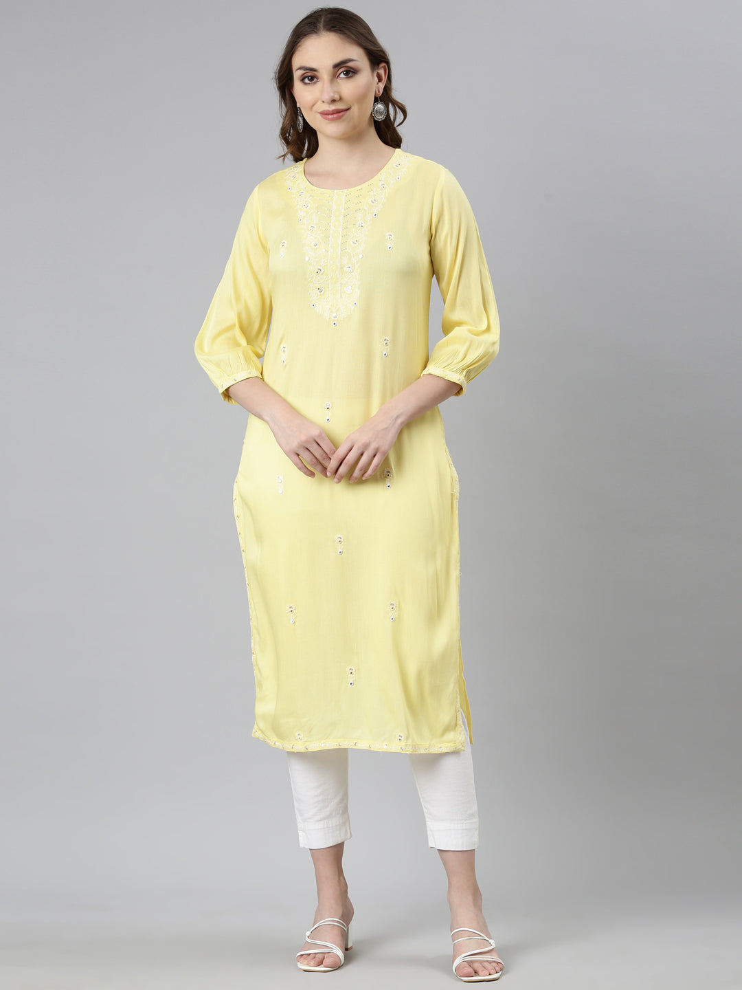 Neerus Yellow Regular Straight Floral Kurtas