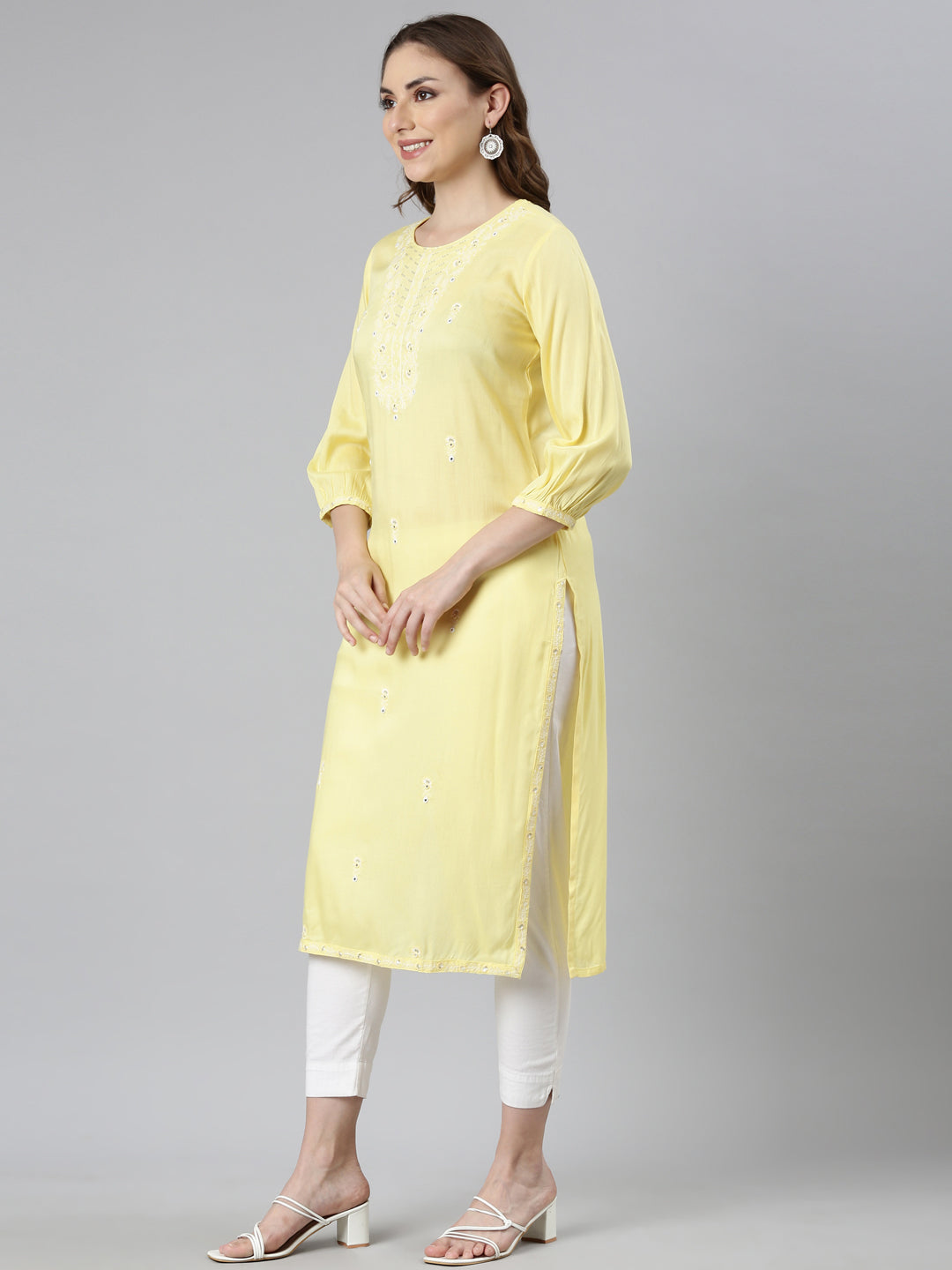 Neerus Yellow Regular Straight Floral Kurtas