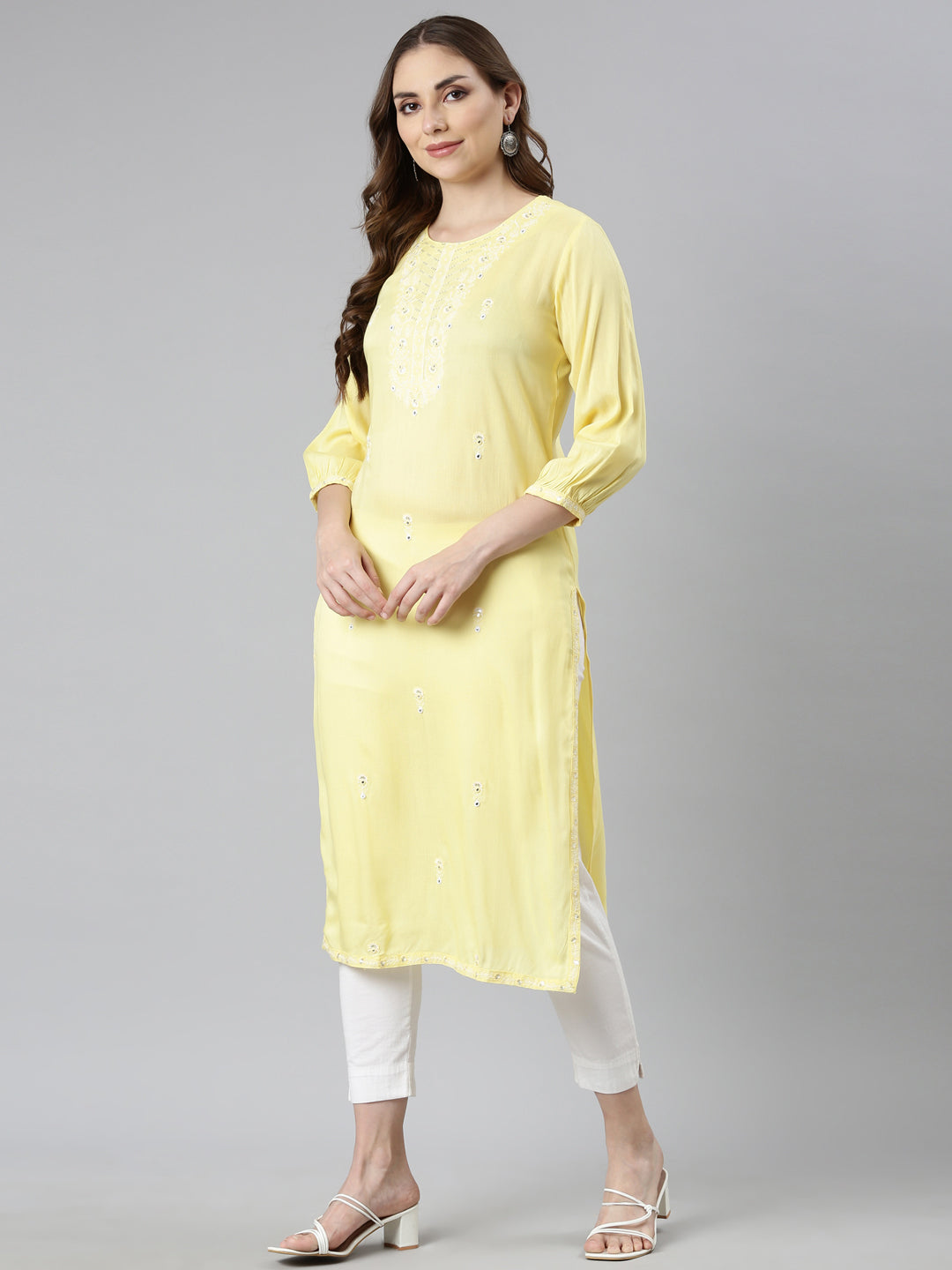 Neerus Yellow Regular Straight Floral Kurtas