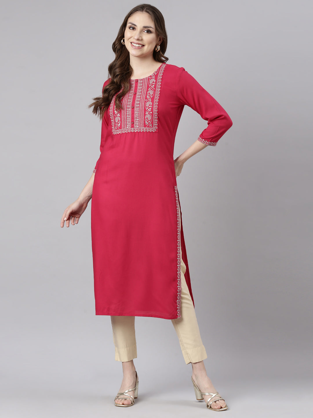 Neerus Pink Panelled Straight Solid Kurtas