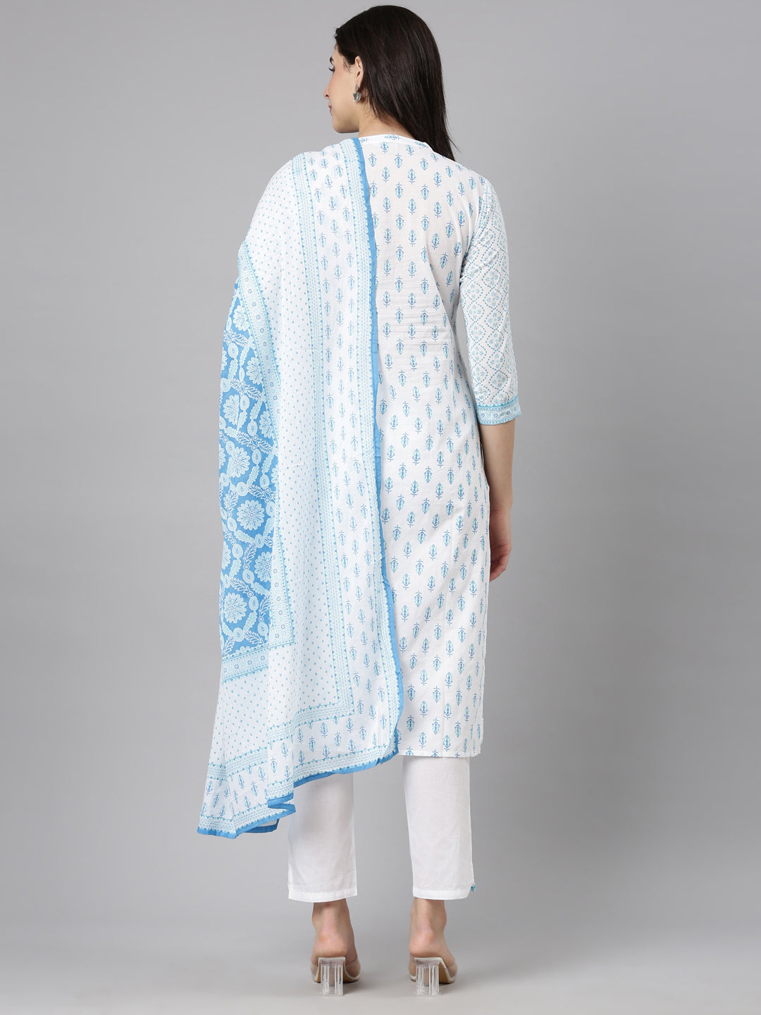 Neerus Blue Regular Straight Floral Kurta And  Trousers With Dupatta