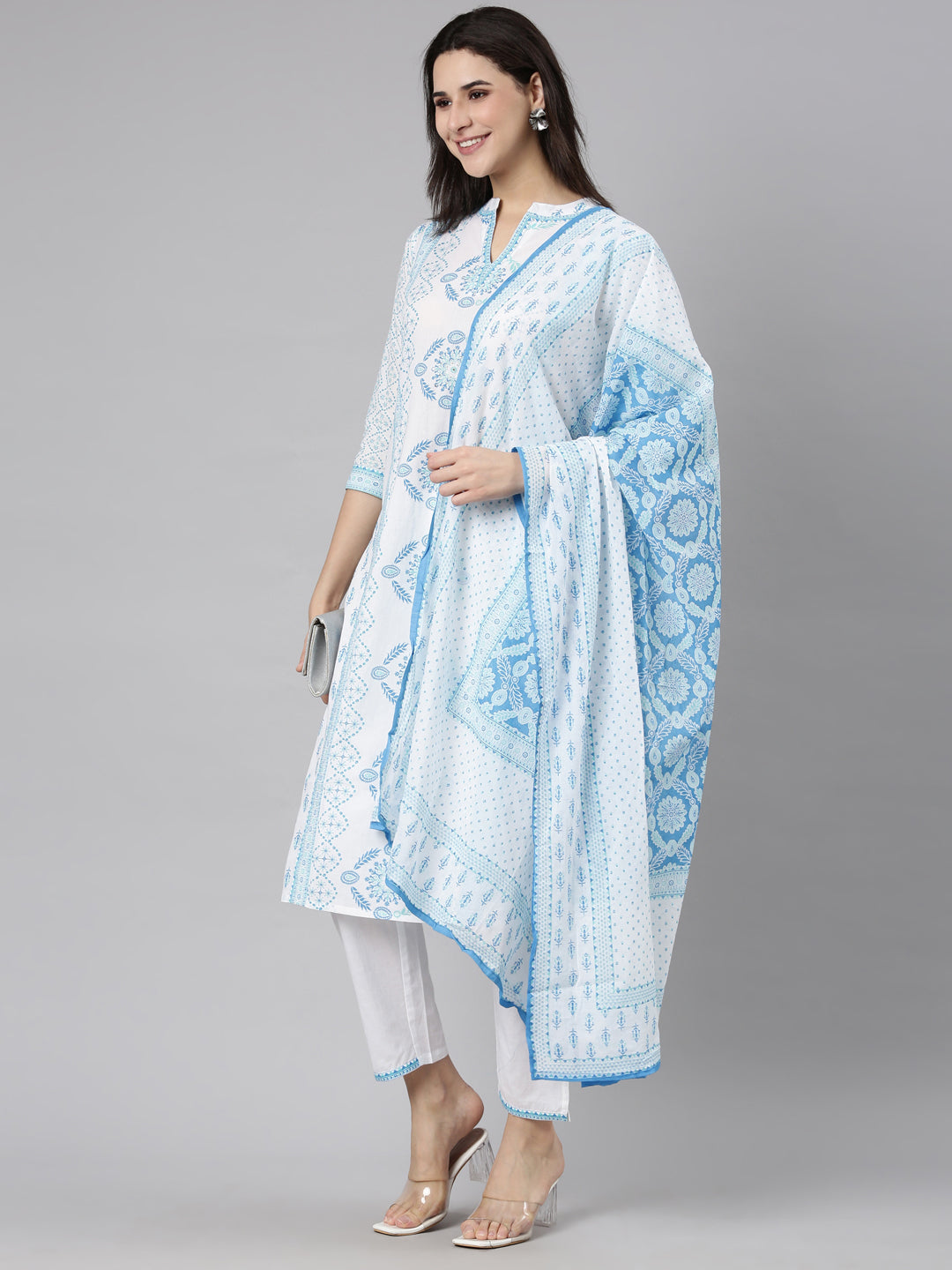 Neerus Blue Regular Straight Floral Kurta And  Trousers With Dupatta