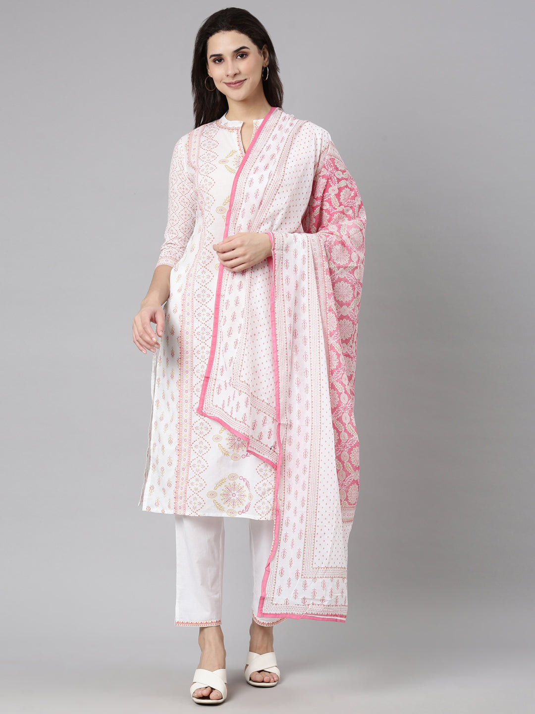 Neerus Pink Regular Straight Floral Kurta And  Trousers With Dupatta