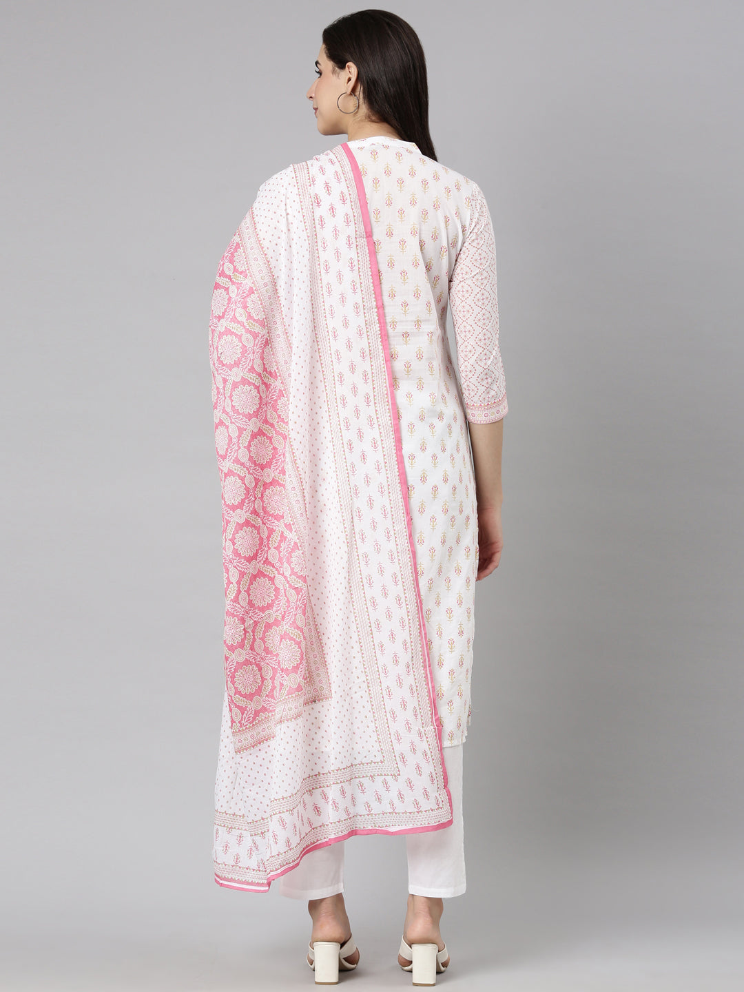 Neerus Pink Regular Straight Floral Kurta And  Trousers With Dupatta