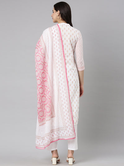 Neerus Pink Regular Straight Floral Kurta And  Trousers With Dupatta