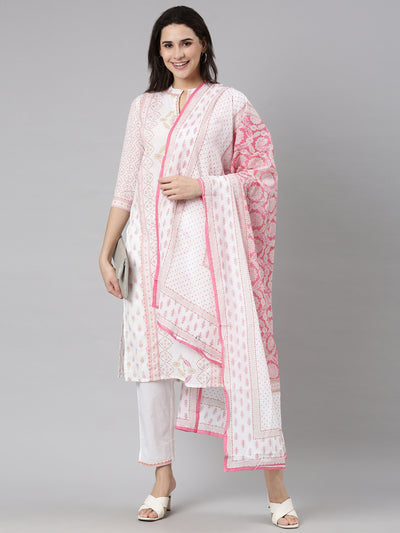 Neerus Pink Regular Straight Floral Kurta And  Trousers With Dupatta