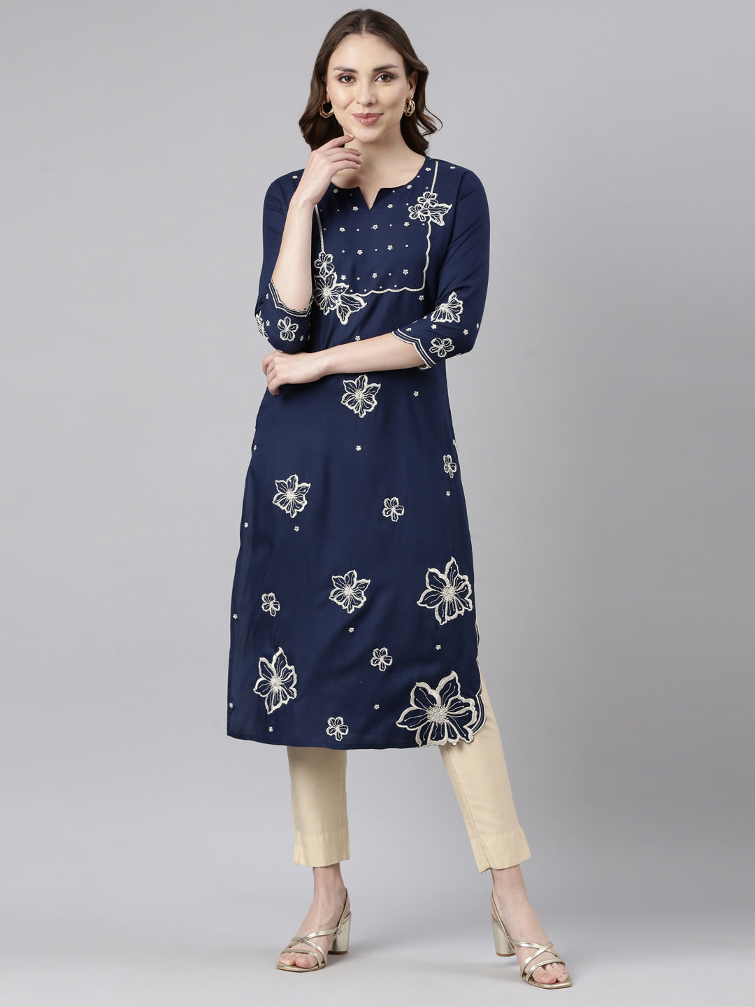 Neerus Blue Panelled Straight Floral Kurtas