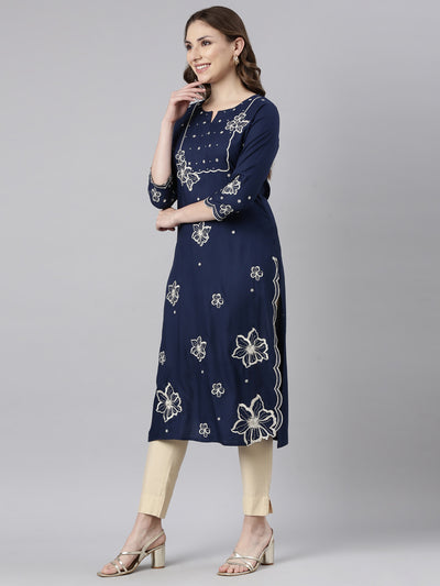 Neerus Blue Panelled Straight Floral Kurtas