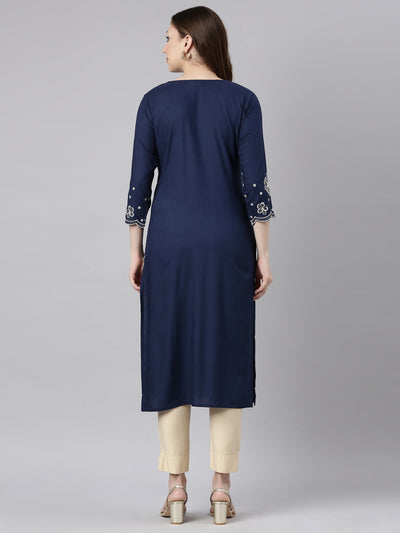 Neerus Blue Panelled Straight Floral Kurtas