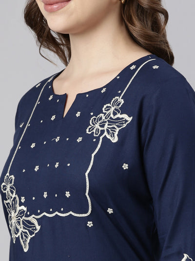 Neerus Blue Panelled Straight Floral Kurtas