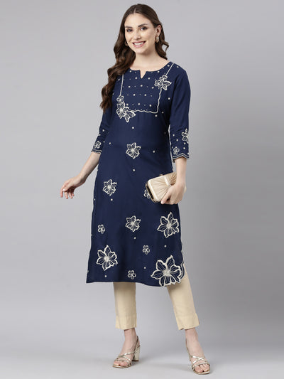 Neerus Blue Panelled Straight Floral Kurtas