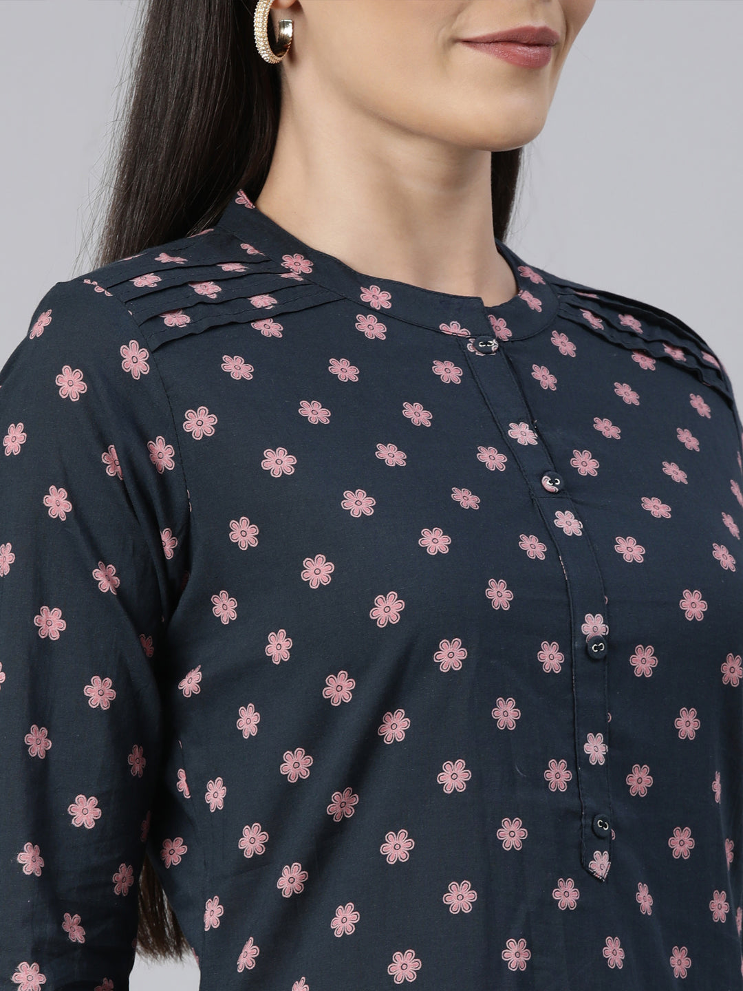 Neerus Pink Panelled Straight Floral Kurtas