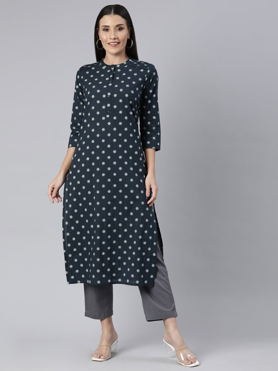 Neerus Blue Panelled Straight Floral Kurtas