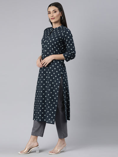 Neerus Blue Panelled Straight Floral Kurtas